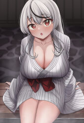Rule 34 | 1girl, 9696k, :o, absurdres, arms at sides, blurry, blurry background, breasts, cleavage, collarbone, curly hair, eyelashes, feet out of frame, hair between eyes, head tilt, highres, hololive, japanese clothes, kimono, large breasts, legs together, light blush, long hair, long sleeves, looking at viewer, multicolored hair, onsen, open mouth, raised eyebrows, red eyes, red sash, sakamata chloe, sash, sitting, solo, steam, streaked hair, striped clothes, striped kimono, two-tone hair, virtual youtuber, white hair, white kimono, wide sleeves, yukata