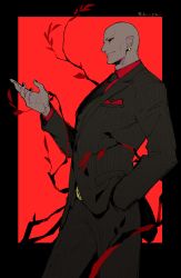 1boy, alternate costume, bald, black sclera, black suit, branch, colored sclera, dark-skinned male, dark skin, earrings, fate/grand order, fate (series), feet out of frame, formal, from side, hand in pocket, highres, jewelry, koshiro itsuki, looking at viewer, male focus, necktie, open hand, red eyes, romulus (fate), solo, striped suit