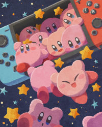 Rule 34 | blue background, closed eyes, falling, game console, handheld game console, highres, kirby, kirby (series), miclot, midair, multiple others, nintendo, nintendo switch, no humans, open mouth, star (symbol), too many
