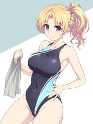 Rule 34 | 1girl, black one-piece swimsuit, blonde hair, braid, breasts, commentary request, competition swimsuit, cowboy shot, french braid, grey background, idolmaster, idolmaster cinderella girls, kiryu tsukasa (idolmaster), long hair, looking at viewer, medium breasts, one-piece swimsuit, pataneet, ponytail, purple eyes, solo, standing, swimsuit, towel, two-tone background, wavy hair, white background, white towel