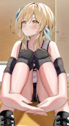 Rule 34 | 1girl, alternate costume, bare shoulders, black shorts, blonde hair, blush, closed mouth, commentary request, elbow pads, feather hair ornament, feathers, fingernails, genshin impact, gym shorts, hair between eyes, hair ornament, highres, hugging own legs, kabu usagi, knee pads, knees up, looking up, lumine (genshin impact), shirt, short hair, short hair with long locks, shorts, signature, sitting, solo, sportswear, volleyball uniform, white feathers, white shirt, yellow eyes