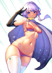 Rule 34 | 1girl, absurdres, bikini, black gloves, blush, breasts, cape, commentary request, elbow gloves, floating hair, gloves, highres, looking at viewer, navel, nicchi, purple cape, purple eyes, purple hair, red bikini, short hair with long locks, small breasts, smile, solo, swimsuit, thighhighs, vocaloid, voiceroid, white thighhighs, yuzuki yukari
