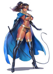 Rule 34 | 1girl, bikini, black bikini, black footwear, blue cape, boots, breasts, cape, character request, cleavage, dark-skinned female, dark elf, dark skin, earrings, elbow gloves, elf, gloves, high heel boots, high heels, highleg, highleg bikini, highres, holding, holding whip, jewelry, large breasts, lips, lipstick, long hair, looking at viewer, makeup, matsuda (matsukichi), navel, pointy ears, ponytail, purple eyes, purple lips, simple background, skindentation, solo, standing, stiletto boots, stiletto heels, swimsuit, thigh boots, thighhighs, underboob, whip, white background, wizardry