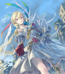 Rule 34 | 1girl, armor, armored dress, blonde hair, dress, gauntlets, hisakata souji, long hair, lord of vermilion, outstretched arm, outstretched hand, pink eyes, reaching, solo, sword, valkyrie, valkyrie (lord of vermilion), weapon