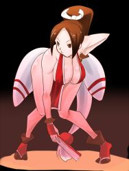 Rule 34 | 1girl, bent over, breasts, brown eyes, brown hair, cleavage, curvy, hand fan, fingerless gloves, gloves, hair ribbon, hanging breasts, hip focus, japanese clothes, large breasts, ponytail, ribbon, rickert kai, shiranui mai, shoes, snk, solo, the king of fighters, wide hips