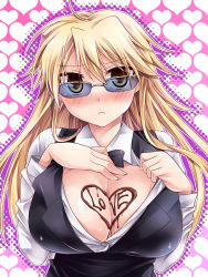 Rule 34 | 1girl, bad id, bad pixiv id, blonde hair, blush, body writing, bow, bowtie, breasts, brown eyes, candy, center opening, chocolate, chocolate heart, chocolate on body, chocolate on breasts, cleavage, durarara!!, food, genderswap, genderswap (mtf), heart, heart on chest, heiwajima shizuo, huge breasts, long hair, meguro (c complex), open clothes, solo, sunglasses