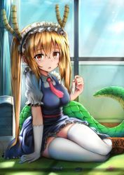 Rule 34 | 10s, 1girl, arm support, blonde hair, blush, condom, dragon girl, dragon horns, dragon tail, dress, ginhaha, gloves, horns, indoors, kobayashi-san chi no maidragon, large tail, long hair, looking at viewer, maid, maid headdress, monster girl, necktie, open mouth, panties, pantyshot, red eyes, red necktie, shoes, short sleeves, sitting, solo, tail, thighhighs, tohru (maidragon), twintails, underwear, white gloves, white panties, white thighhighs, window