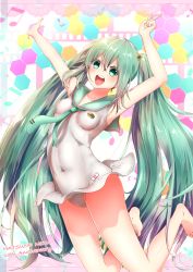 Rule 34 | 1girl, anniversary, arms up, barefoot, breasts, character name, covered navel, green eyes, green hair, hatsune miku, highres, jumping, long hair, looking at viewer, musical note, open mouth, raayu (0u rayu), sailor collar, small breasts, solo, twintails, v, very long hair, vocaloid