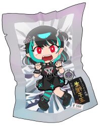 Rule 34 | 1girl, belt, black belt, black dress, black footwear, black hair, blue hair, blue pantyhose, boots, bright pupils, buren, chibi, commentary request, cross print, demon girl, demon horns, demon tail, dress, eye hair ornament, eye of providence, fang, flat chest, full body, grey pantyhose, highres, horns, looking at viewer, medium bangs, medium hair, multicolored hair, nanashi inc., official alternate costume, one side up, open mouth, pantyhose, pointy ears, price tag, print dress, red eyes, shishio chris, shishio chris (3rd costume), short sleeves, simple background, single leg pantyhose, solo, striped clothes, striped pantyhose, tail, two-tone hair, v-shaped eyebrows, vacuum bag, virtual youtuber, white background, white pupils, wristband