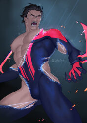 Rule 34 | 1boy, abs, artist name, bara, bare pectorals, battle, battle damage, black hair, blue bodysuit, bodysuit, bulge, chest hair, claw pose, claws, commentary, cowboy shot, dark background, facing viewer, fangs, fighting stance, gluteal fold, groin, highres, large pectorals, legs apart, male focus, marvel, miguel o&#039;hara, muscular, muscular male, night, nipples, open mouth, outdoors, pectorals, rain, red eyes, sanpaku, shiny clothes, short hair, signature, skin tight, solo, sparse chest hair, spider-man (2099), spider-man (series), spider-verse, standing, superhero costume, teeth, torn bodysuit, torn clothes, twitter username, two-tone bodysuit, uhai, variant set