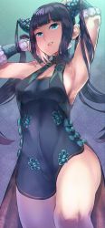 Rule 34 | 1girl, armpits, arms up, bad id, bad pixiv id, bare shoulders, black dress, black hair, blue eyes, blunt bangs, china dress, chinese clothes, detached sleeves, dress, fate/grand order, fate (series), hair ornament, highres, leaf hair ornament, long hair, looking at viewer, looking down, sonparesu, twintails, yang guifei (fate), yang guifei (second ascension) (fate)