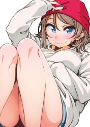 Rule 34 | 1girl, ayumu-k, beanie, blue eyes, grey hair, hand on headwear, hat, highres, knees up, long sleeves, looking at viewer, love live!, love live! school idol festival, love live! sunshine!!, red hat, shirt, short hair, short shorts, shorts, simple background, sleeves past wrists, smile, solo, sweater, watanabe you, white background, white shirt