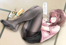 Rule 34 | 1girl, baby bottle, beer can, black pantyhose, bottle, breasts, brown hair, can, drink can, feet, fetal position, full body, green eyes, knees up, legs, long hair, lying, no shoes, ol-chan (oouso), on side, oouso, original, pacifier, pantyhose, pencil skirt, pink shirt, shirt, short sleeves, skirt, soles, solo, tatami, thighband pantyhose, translated