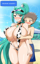 Rule 34 | 1boy, 1girl, absurdres, animal print, bell, bikini, blush, breasts, brown eyes, brown hair, collar, covered erect nipples, cow print, cowbell, female pervert, from behind, grabbing, grabbing another&#039;s breast, green eyes, green hair, groping, heart, highres, huge breasts, long hair, male swimwear, naughty face, navel, pervert, pneuma (xenoblade), rex (xenoblade), slingshot swimsuit, swim trunks, swimsuit, thick thighs, thighs, very long hair, wide hips, xenoblade chronicles (series), xenoblade chronicles 2