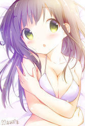 Rule 34 | 1girl, :o, amedamacon, bad id, bad pixiv id, bed sheet, bikini, bikini top only, blush, breasts, breasts squeezed together, brown hair, cleavage, collarbone, commentary request, from above, gochuumon wa usagi desu ka?, green eyes, halterneck, hand on own arm, large breasts, light, long hair, looking at viewer, lying, on back, open mouth, signature, solo, swimsuit, ujimatsu chiya, upper body, white bikini