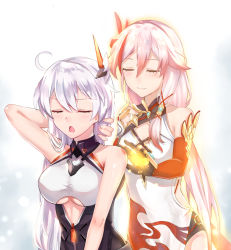 Rule 34 | 2girls, :o, asymmetrical gloves, bare shoulders, black gloves, breasts, china dress, chinese clothes, cleavage, closed eyes, closed mouth, dress, fu hua, fu hua (phoenix), gloves, hair between eyes, hair ornament, holding, holding own hair, honkai (series), honkai impact 3rd, kiana kaslana, kiana kaslana (void drifter), long hair, mismatched gloves, multicolored hair, multiple girls, nekoha gc, open mouth, ponytail, red gloves, sleeveless, small breasts, smile, streaked hair, underboob, v-shaped eyebrows, white hair, yuri