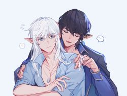 Rule 34 | ..., 2boys, alternate costume, aymeric de borel, black hair, blue background, blue eyes, blush, chinese commentary, closed mouth, collarbone, collared shirt, earrings, elezen, elf, estinien varlineau, closed eyes, final fantasy, final fantasy xiv, flying sweatdrops, hair between eyes, hand on another&#039;s shoulder, head tilt, jewelry, kujokaze, long hair, looking at another, male focus, multiple boys, necklace, open clothes, open shirt, playing with another&#039;s hair, pointy ears, shirt, short hair, short sleeves, spoken blush, spoken ellipsis, upper body, white hair, yaoi