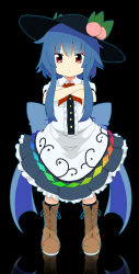 Rule 34 | 1girl, :&lt;, aged down, alternate hair length, alternate hairstyle, black background, blue hair, boots, child, cross-laced footwear, crossed arms, food, fruit, full body, hat, highres, hinanawi tenshi, lace-up boots, long hair, looking at viewer, mantarou (shiawase no aoi tori), peach, red eyes, short hair, sidelocks, simple background, solo, touhou