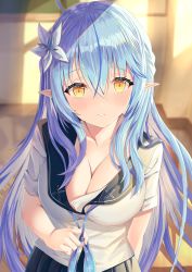 Rule 34 | 1girl, absurdres, blue hair, breasts, cleavage, evening, flower, hair flower, hair ornament, highres, hololive, mugicho (kdks5554), open clothes, open shirt, pointy ears, school, solo, twilight, uniform, virtual youtuber, yellow eyes, yukihana lamy