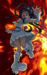Rule 34 | 1girl, black eyes, black hair, boots, border, bow, commentary request, cure erebos, cure white, dress, earrings, explosion, frilled dress, frills, frown, futari wa precure, gloves, hair bow, half gloves, half updo, heart, heart earrings, jewelry, jumping, lace, lace-trimmed dress, lace trim, leg warmers, long hair, looking at viewer, magical girl, open mouth, partial commentary, precure, short dress, solo, white border, white dress, white footwear, white gloves, white legwear, white neckwear, yukishiro honoka