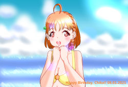 Rule 34 | 1girl, :o, alternate hairstyle, artist name, artist request, bare shoulders, bikini, blue sky, blush, bow, braid, breasts, cleavage, clenched hands, cloud, clover hair ornament, crown braid, day, female focus, hair bow, hair ornament, looking at viewer, love live!, love live! sunshine!!, orange hair, orange print, outdoors, parted lips, pink bow, red eyes, short hair, side braid, sky, small breasts, smile, solo, swimsuit, takami chika, yellow bikini