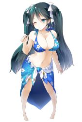 Rule 34 | 10s, 1girl, alternate costume, aqua eyes, bad id, bad pixiv id, bare legs, bare shoulders, barefoot, bikini, bikini top only, blue bikini, bow, breasts, bright background, cleavage, collarbone, commentary request, floral print, hair between eyes, hair bow, hair ribbon, highres, isuzu (kancolle), kantai collection, large breasts, long hair, looking at viewer, navel, one eye closed, ribbon, sarong, simple background, solo, suruga (xsurugax), swimsuit, thighs, twintails, white background, white ribbon