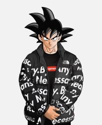 Rule 34 | 1boy, black hair, black jacket, black shirt, closed mouth, commentary, dragon ball, dragonball z, drip (meme), english commentary, glaring, grey background, highres, jacket, long sleeves, looking at viewer, macheteblak, male focus, meme, muscular, muscular male, shirt, simple background, solo, son goku, spiked hair, supreme (brand), the north face, upper body