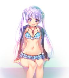 Rule 34 | 10s, 1girl, :d, bikini, blurry, breasts, collarbone, depth of field, eyebrows, frilled bikini, frills, groin, hair ornament, jacket, jacket on shoulders, long hair, looking at viewer, miwabe sakura, navel, neck ribbon, new game!, open mouth, plaid, plaid bikini, purple eyes, purple hair, ribbon, sitting, small breasts, smile, solo, suzukaze aoba, swimsuit, teeth, twintails