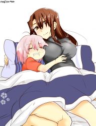 Rule 34 | 10s, 2girls, bad id, bad pixiv id, breasts, brown hair, female admiral (kancolle), hiiragi (jhug8877), kantai collection, large breasts, long hair, multiple girls, nachi (kancolle), pink hair, short hair, sleeping, under covers