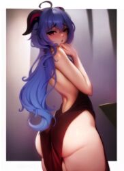 Rule 34 | 1girl, :o, absurdres, ahoge, ass, back, backless dress, backless outfit, bare arms, bare back, bare shoulders, black dress, blue hair, blush, border, breasts, dress, from behind, furrowed brow, ganyu (genshin impact), genshin impact, hair between eyes, hand on own chin, highres, horns, iesyh, long hair, looking at viewer, medium breasts, purple eyes, solo, thighs, very long hair, white border