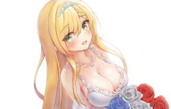 Rule 34 | 1girl, azur lane, blue flower, blue rose, bouquet, breasts, cleavage, dress, flower, forbin (azur lane), forbin (fleur de mariee) (azur lane), french flag, from above, green eyes, holding, holding bouquet, ice nori, large breasts, looking at viewer, official alternate costume, open mouth, oppai loli, red flower, red rose, rose, simple background, solo, tiara, upper body, white background, white dress, white flower, white rose