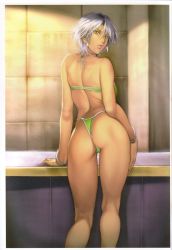 Rule 34 | 1girl, arched back, arm support, ass, back, bikini, bracelet, brown eyes, cameltoe, christie (doa), dead or alive, earrings, fingernails, from behind, green bikini, hair between eyes, hand on thigh, highleg, highleg bikini, highleg swimsuit, homare (fool&#039;s art), hoop earrings, jewelry, kneepits, legs, lips, lipstick, long fingernails, looking at viewer, looking back, makeup, nail polish, open mouth, parted bangs, parted lips, short hair, skindentation, solo, standing, swimsuit, tecmo, thong bikini, twisted neck, white hair, yellow eyes