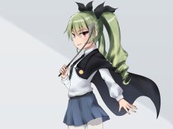 Rule 34 | 10s, 1girl, anchovy (girls und panzer), anzio school uniform, bad id, bad pixiv id, belt, black belt, black cape, black necktie, black ribbon, black skirt, cape, cowboy shot, dress shirt, drill hair, enogaki, from side, girls und panzer, green hair, grey background, hair ribbon, highres, holding, long hair, long sleeves, looking at viewer, miniskirt, necktie, pantyhose, pleated skirt, red eyes, ribbon, riding crop, school uniform, shirt, skirt, smirk, solo, standing, twin drills, twintails, two-tone background, white pantyhose, white shirt
