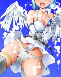 Rule 34 | 1girl, angel of light nanael, angel wings, bare shoulders, blue hair, bottle, breasts, cleavage, dr rex, dress, elbow gloves, gloves, head out of frame, nanael (queen&#039;s blade), nanael (queen's blade), open mouth, panties, polka dot, polka dot panties, queen&#039;s blade, short hair, solo, underwear, wings