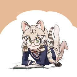 Rule 34 | 1girl, animal ears, book, bow, bowtie, brown background, cardigan, cat ears, cat girl, cat tail, extra ears, geoffroy&#039;s cat (kemono friends), glasses, green eyes, grey hair, highres, kemono friends, kemono friends v project, long hair, mcgunngu, microphone, on bed, ribbon, simple background, solo, tail, thighhighs, twintails, virtual youtuber