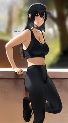 Rule 34 | 1girl, against railing, bare arms, black choker, black footwear, black hair, black hat, black pants, black sports bra, blurry, blurry background, breasts, breath, choker, closed mouth, crop top, exercising, hat, highres, large breasts, lens flare, mymzi, pants, railing, red eyes, shoes, smile, sneakers, solo, sports bra, sportswear, spy x family, standing, standing on one leg, sweat, tree, yoga pants, yor briar