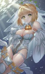 Rule 34 | 1girl, absurdres, ahoge, air bubble, bare shoulders, belt, blonde hair, blush, breasts, bridal veil, bubble, cleavage, detached collar, detached sleeves, elbow gloves, fate/extra, fate/extra ccc, fate (series), full-length zipper, garter straps, gloves, green eyes, hair between eyes, hair intakes, head wreath, highleg, highleg leotard, highres, large breasts, leotard, lock, long hair, looking at viewer, loose belt, nero claudius (bride) (fate), nero claudius (bride) (second ascension) (fate), nero claudius (fate), nero claudius (fate) (all), padlock, parted lips, puffy sleeves, slaon55, solo, thigh strap, thighs, underwater, veil, white belt, white gloves, white legwear, white leotard, white sleeves, wide sleeves, zipper