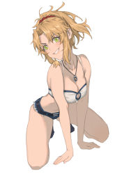 Rule 34 | 1girl, all fours, belt, blonde hair, breasts squeezed together, breasts, collarbone, dutch angle, fate/grand order, fate (series), green eyes, grin, highres, jewelry, kirikiri, looking at viewer, midriff, mordred (fate), mordred (fate/apocrypha), mordred (memories at trifas) (fate), navel, necklace, parted lips, ponytail, smile