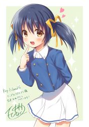 Rule 34 | 1girl, absurdres, blazer, blue hair, brown eyes, buttons, clannad, commentary request, cowboy shot, double-breasted, hair ribbon, highres, jacket, leaning forward, long hair, looking at viewer, nakamura hinato, open mouth, ribbon, second-party source, skirt, smile, solo, standing, sunohara mei, translation request, twintails, white skirt, yellow ribbon