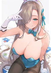 Rule 34 | 1girl, animal ears, aqua eyes, aqua leotard, asuna (blue archive), asuna (bunny) (blue archive), blue archive, blue bow, blue bowtie, bow, bowtie, breasts, cleavage, detached collar, gloves, hair over one eye, hand up, highres, large breasts, leotard, light brown hair, long hair, mole, mole on breast, one eye covered, oneko, pantyhose, playboy bunny, poker chip, rabbit ears, sitting, solo, strapless, strapless leotard, traditional bowtie, white gloves