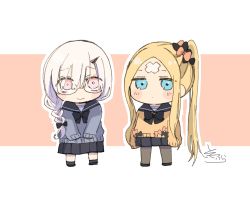 Rule 34 | 2girls, abigail williams (fate), bespectacled, black bow, black footwear, black legwear, black sailor collar, black skirt, blonde hair, blue eyes, blue sweater, blush stickers, bow, braid, brown background, chibi, closed mouth, crossed bandaids, fate/grand order, fate (series), glasses, grey hair, grey legwear, hair between eyes, hair bow, high ponytail, highres, horns, lavinia whateley (fate), long hair, long sleeves, looking at viewer, multiple girls, multiple hair bows, orange bow, orange sweater, outline, pantyhose, parted bangs, pleated skirt, sailor collar, side braid, side ponytail, sidelocks, signature, single braid, single horn, skirt, sleeves past wrists, socks, sofra, standing, sweater, two-tone background, very long hair, white background, white outline