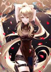 Rule 34 | 1girl, absurdres, ammunition, arms up, blonde hair, breasts, brown dress, candy, cleavage, dress, food, grin, gun, highres, holding, holding gun, holding weapon, lace, large breasts, lock, long hair, looking at viewer, ponytail, samir (tower of fantasy), simple background, smile, tower of fantasy, underwear, vardan, very long hair, weapon, yellow eyes