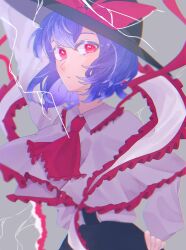 Rule 34 | 1girl, arm up, ascot, black hat, black skirt, bow, capelet, commentary, frilled capelet, frilled shawl, frills, grey background, hat, hat bow, highres, lightning, long sleeves, looking at viewer, nagae iku, purple hair, red ascot, red bow, red eyes, shawl, shirt, short hair, simple background, skirt, solo, symbol-only commentary, touhou, white shirt, yususuu