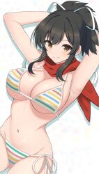 Rule 34 | 1girl, armpits, arms behind head, arms up, asuka (senran kagura), bikini, black hair, blush, breasts, brown eyes, closed mouth, commentary request, cowboy shot, groin, hair ribbon, highres, large breasts, looking at viewer, medium hair, multicolored bikini, multicolored clothes, navel, partial commentary, rainbow bikini, red scarf, ribbon, scarf, senran kagura, short ponytail, side-tie bikini bottom, sidelocks, simple background, smile, solo, striped bikini, striped clothes, surippa1010, swimsuit