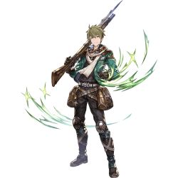 Rule 34 | 10s, 1boy, armor, armored boots, bayonet, boots, full body, goggles, goggles around neck, granblue fantasy, green hair, gun, holding, holding weapon, idolmaster, idolmaster side-m, kashiwagi tsubasa, knee boots, looking at viewer, male focus, minaba hideo, official art, pouch, rifle, scarf, solo, standing, transparent background, weapon, white background