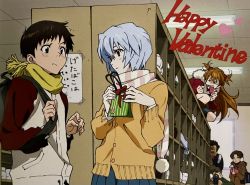 Rule 34 | 3boys, 3girls, aida kensuke, ass, ayanami rei, blue eyes, blue hair, brown hair, clenched teeth, embarrassed, gift, happy valentine, hetero, highres, holding, holding gift, horaki hikari, ikari shinji, jealous, long hair, looking at another, looking at viewer, looking back, low twintails, multiple boys, multiple girls, neon genesis evangelion, official art, pervert, recording, red eyes, scarf, short hair, souryuu asuka langley, standing, suzuhara touji, teeth, twintails, two side up, valentine, winter clothes