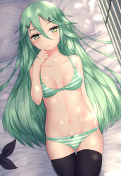 Rule 34 | 10s, 1girl, bare arms, bare shoulders, bed, black thighhighs, bra, breasts, collarbone, cowboy shot, eyebrows, finger in own mouth, green eyes, green hair, hair between eyes, hair ornament, hairclip, highres, indoors, kantai collection, long hair, looking at viewer, lying, navel, on back, panties, pillow, rumaki, self-upload, small breasts, solo, striped bra, striped clothes, striped panties, thighhighs, underwear, underwear only, window blinds, yamakaze (kancolle)