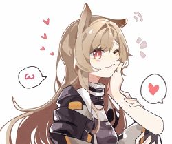 Rule 34 | 1girl, 1other, ;3, absurdres, ambiguous gender, animal ears, arknights, arm grab, black jacket, brown hair, ceobe (arknights), cheek press, cropped arms, dog ears, haobuguniao, heart, highres, jacket, long hair, long sleeves, one eye closed, out of frame, red eyes, simple background, solo focus, spoken heart, upper body, white background
