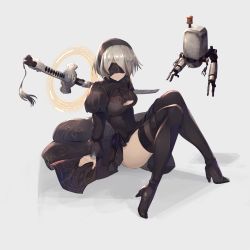 Rule 34 | 1girl, black thighhighs, blindfold, boots, breasts, dress, full body, hairband, high heel boots, high heels, highres, katana, large breasts, mask, mole, mole under mouth, nier (series), nier:automata, pod nier: (automata), robot, short hair, silver hair, simple background, sitting, solo, sword, thigh boots, thighhighs, tree-raim, weapon, 2b (nier:automata)