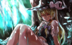 Rule 34 | 1girl, against tree, amamitsu kousuke, bad id, bad pixiv id, bare legs, blonde hair, bow, braid, closed eyes, glowing, hand on own stomach, hat, hat bow, kirisame marisa, long hair, mushroom, open mouth, outdoors, ribbon, single braid, sitting, sleeping, solo, touhou, tree, tree shade, under tree, witch, witch hat